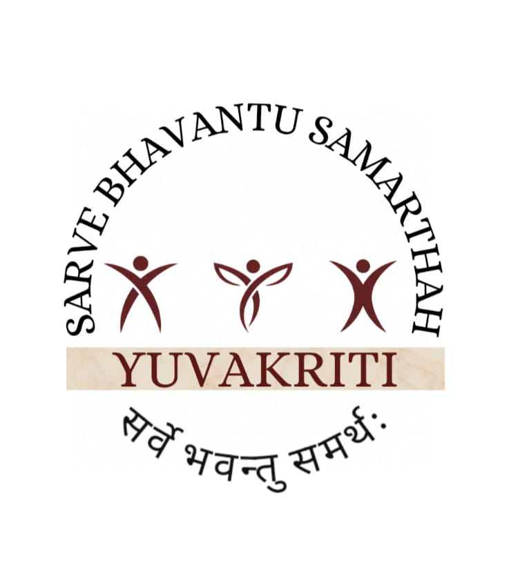 Yuvakriti Logo: Abstract maroon human figures representing empowerment above a textured beige strip containing the word YUVAKRITI, surrounded by Sanskrit text Sarve Bhavantu Samarthah.